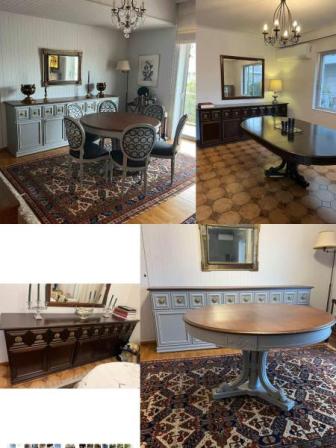Traditional dining room collage: round pedestal table with upholstered chairs, a long sideboard, chandelier, and framed mirror on light walls with a patterned rug.