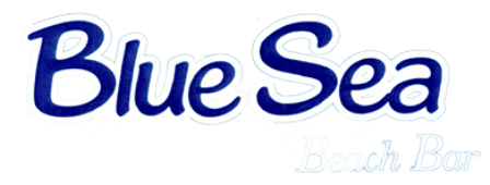Blue Sea Beach Bar logo: 'Blue Sea' in bold blue cursive with a white outline and 'Beach Bar' in lighter blue script.