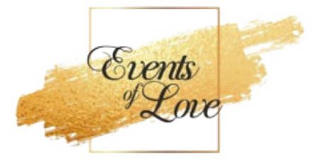 Logo for 'Events of Love' featuring elegant script text over a gold brush stroke with a thin gold square frame.