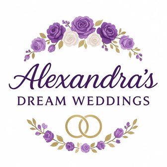 Logo for Alexandra's Dream Weddings, a wedding planning business, featuring purple roses, gold rings, and elegant script.
