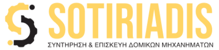 Logo for SOTIRIAIDIS: maintenance and repair of machinery, featuring a stylized S icon and bold yellow text on a dark background.