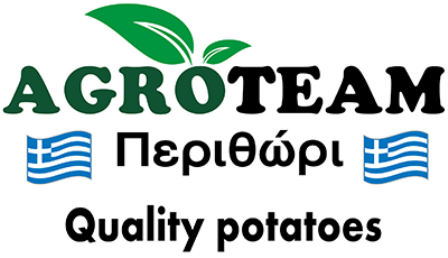 AGROTEAM logo with a green leaf motif, Greek text flanked by two Greek flags, and the caption 'Quality potatoes'.
