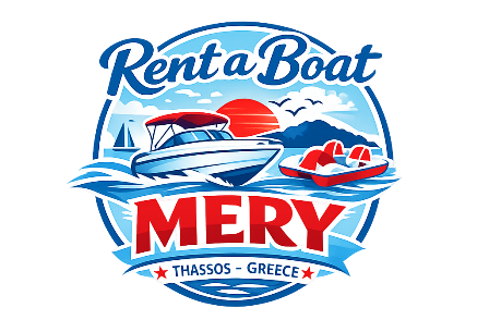 Logo for Renta Boat MERY, a boat rental company in Thassos, Greece, featuring boats, waves, and a setting sun with the text 'Renta Boat' and 'THASSOS - GREECE'.
