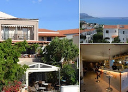 Collage of a resort: sunny outdoor dining terrace with greenery on the left; inset shows a bar interior and coastal houses by the sea on the right.