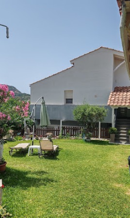 Sunny backyard garden with a green lawn, beige lounge chairs, a white table, a green patio umbrella, pink flowering shrub, and a white house with a red-tiled roof in the background.
