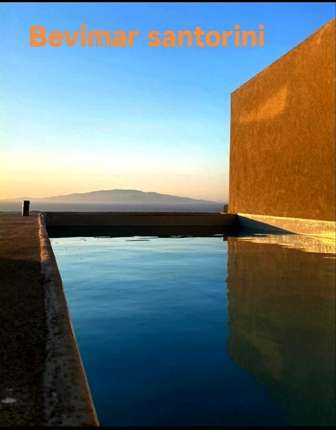 Branding text 'Bevimar santorini' over an infinity pool with a sunset and Aegean view in Santorini.