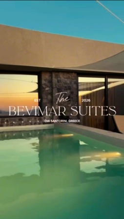 Bevimar Suites pool scene in Santorini, with sunset reflections on turquoise water and the logo reading 'Bevimar Suites' (Est. 2026), Santorini, Greece.