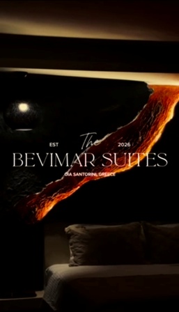 Brand logo for The Bevimar Suites hotel, featuring a lava-flow graphic on a dark background with a bed in the scene behind it.