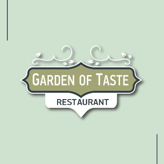 Logo for Garden of Taste Restaurant featuring a decorative badge with beige and dark blue borders on a pale green background, displaying the restaurant name.
