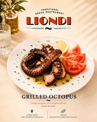 Plate of grilled octopus with lemon wedge and tomato slices, olive oil drizzle, garnished with herbs; restaurant name 'LIONDI' at top and 'GRILLED OCTOPUS' caption.