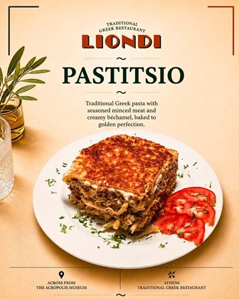 Plate of pastitsio with a golden baked top and tomato slices on the side, on a Liondi restaurant poster.