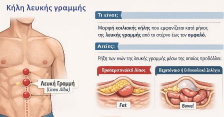 Infographic about the white line of the abdomen (Linea Alba) along the midline, with two inset cross‑sections showing fat and bowel protrusion through the abdominal wall.