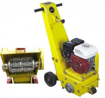 Gasoline-powered, yellow drum sander on a wheeled stand; inset shows the rotating drum gear mechanism