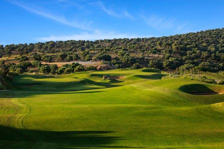 Sunny golf course with rolling green fairways, sand bunkers, and distant trees under a clear blue sky.