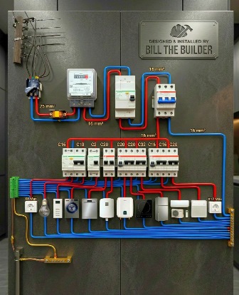 Electrical panel with multiple circuit breakers and colored wiring on a metal backboard; sign reads 'Bill the Builder' at the top.