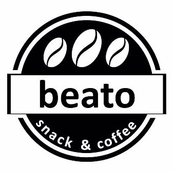 Beato logo: circular badge with three coffee beans, a central ribbon reading 'beato' and 'snack & coffee' curved along the bottom (black and white).