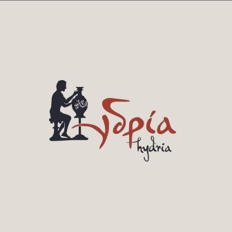 Logo featuring a dark silhouette of a person at a table with a wine glass, next to red stylized text and the word 'hydria'.