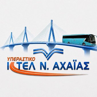 Logo for a Greek intercity bus company featuring a blue bus on a cable-stayed bridge with Greek text.