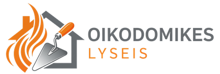 Logo for OIKODOMIKES LYSEIS featuring an orange flame, a trowel, and a house outline with the text 'OIKODOMIKES LYSEIS'