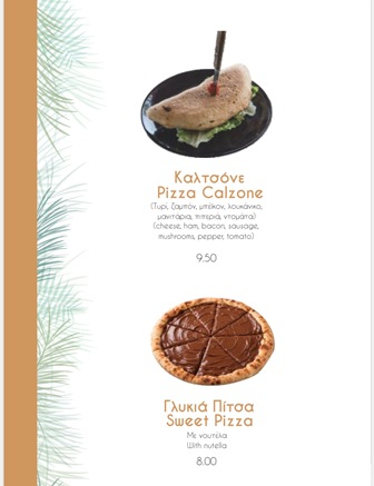 Menu image showing two items: top is a calzone on a black plate with a fork, labeled in Greek as Kalzone Calzone with description and price 9.50; bottom is a chocolate tart labeled Sweet Pizza with Nutella and price 8.00.