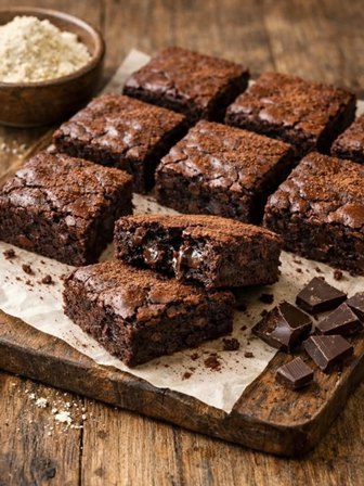 Row of fudgy chocolate brownies on a wooden board with a bowl of sugar in the background.