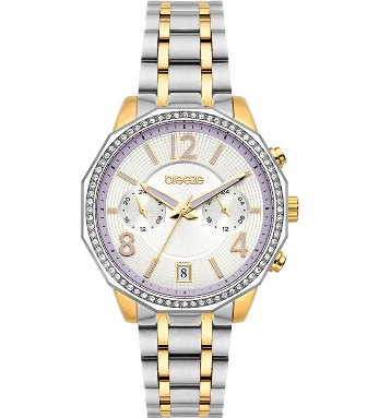 Two-tone silver-and-gold women's wristwatch with a crystal-studded bezel and date window on a white dial.