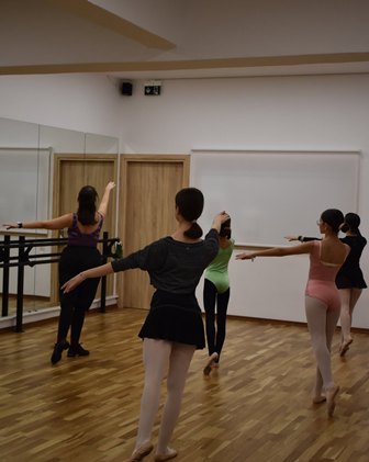 Ballet class at a barre: students in leotards practice arm positions in a mirrored studio with a wooden floor-to-ceiling mirrors set up along the wall.