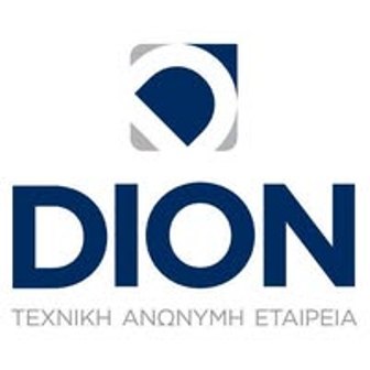 DION logo: a stylized abstract emblem above bold blue 'DION' text with a grey Greek subtitle underneath.