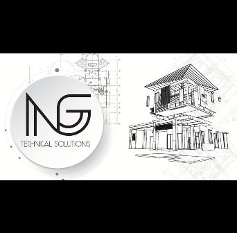 Company banner with the NG Technical Solutions logo on a circular badge, beside a hand-drawn architectural house sketch.