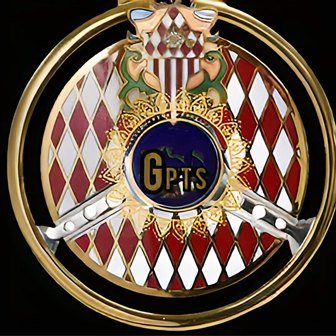 Circular gold emblem with a red-and-white diamond pattern, crossed swords, and a blue center that reads 'GPTS'.