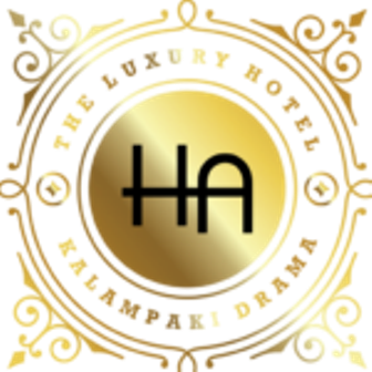 Gold ornate seal badge with circular center showing stylized 'HA' letters, decorative outer border and flourish motifs.